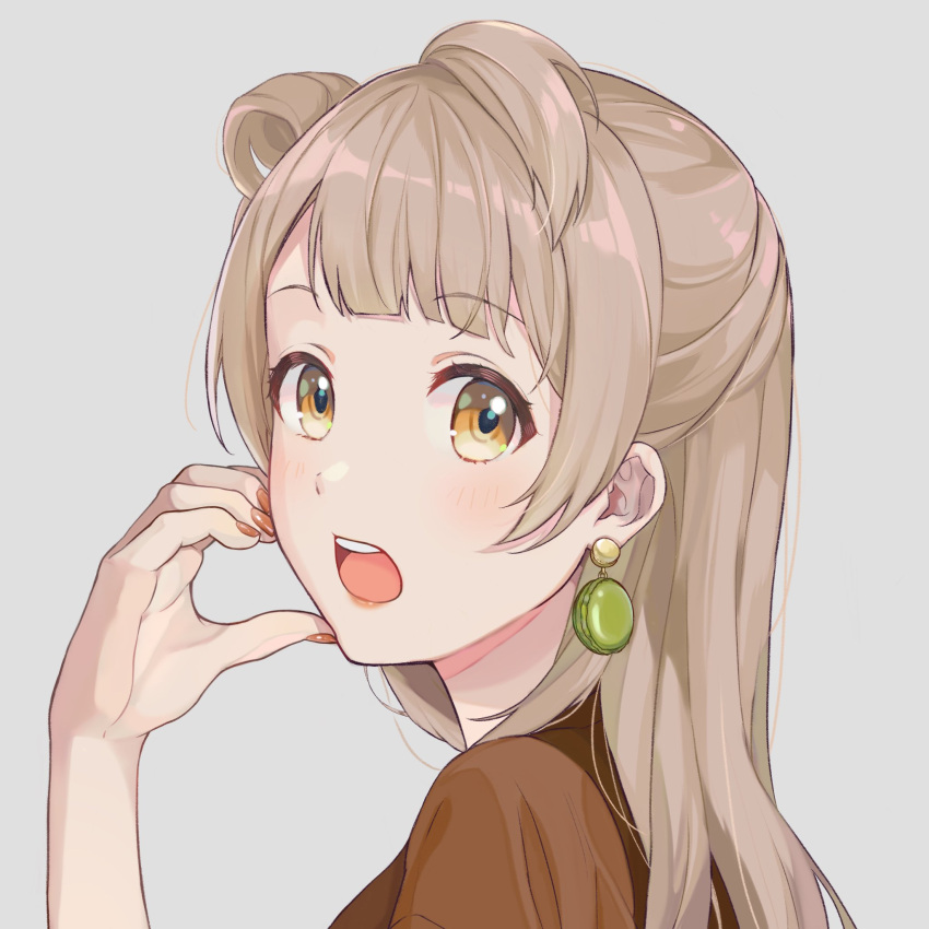1girl blush book_the_star brown_eyes brown_shirt commentary_request earrings food highres jewelry light_brown_hair long_hair looking_at_viewer love_live! love_live!_school_idol_project macaron macaron_earrings minami_kotori nail_polish open_mouth red_nails shirt solo teeth tongue upper_teeth_only