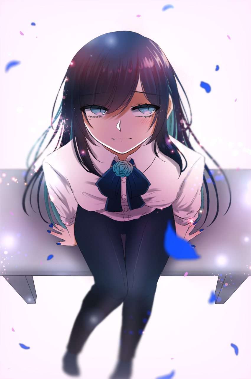 1girl ado_(utaite) arm_rest black_bow black_bowtie black_hair black_pants blue_eyes blue_flower blue_hair blue_nails blue_rose blurry bow bowtie breasts chando_(ado) closed_mouth cloud_nine_inc collared_shirt colored_inner_hair commentary_request depth_of_field dress falling_petals flower flower_brooch hair_between_eyes highres light_blush long_hair looking_at_viewer mole mole_under_eye multicolored_hair nail_polish pants petals rose shadow shirt shoko_(gs_music11) sidelocks sitting slit_pupils small_breasts solo thigh_gap two-tone_hair utaite white_background white_shirt