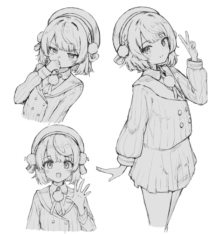 1girl :d beret blush braid buttons closed_mouth double-breasted greyscale hair_ornament hand_up hat highres indie_virtual_youtuber long_sleeves looking_at_viewer monochrome multiple_views open_hand pom_pom_(clothes) pom_pom_hair_ornament ruka_tou sailor_collar shigure_ui_(vtuber) short_hair simple_background skirt smile thinking v virtual_youtuber white_background
