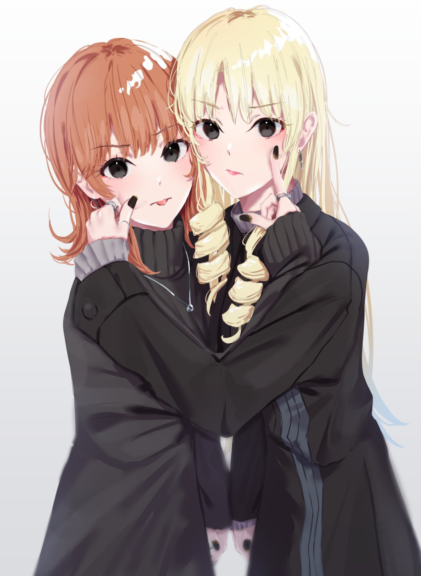 2girls asymmetrical_docking black_coat black_eyes black_nails blue_background breast_press brown_hair closed_mouth coat drill_hair drop_earrings earrings gradient_background grey_sweater hand_on_another's_cheek hand_on_another's_face hayase_illusut highres hoop_earrings isshiki_iroha jewelry long_hair long_sleeves looking_at_viewer miura_yumiko multiple_girls multiple_rings nail_polish necklace nut_(hardware) nut_necklace ring standing sweater tongue tongue_out turtleneck turtleneck_sweater yahari_ore_no_seishun_lovecome_wa_machigatteiru.
