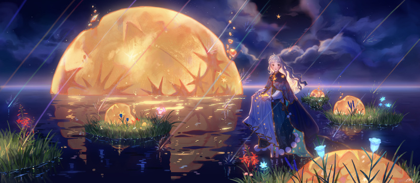 1girl absurdres aki_a0623 artist_name blue_dress blue_flower brown_eyes cloak clouds cloudy_sky commentary_request dress flower full_moon glowing_flower grass grey_hair highres lifted_by_self long_hair long_sleeves moon multiple_moons night night_sky original outdoors parted_lips pink_flower pom_pom_(clothes) red_flower reflection reflective_water scenery shallow_water shooting_star sky solo standing star_(sky) star_(symbol) starry_sky starry_sky_print surreal tulip water wide_shot
