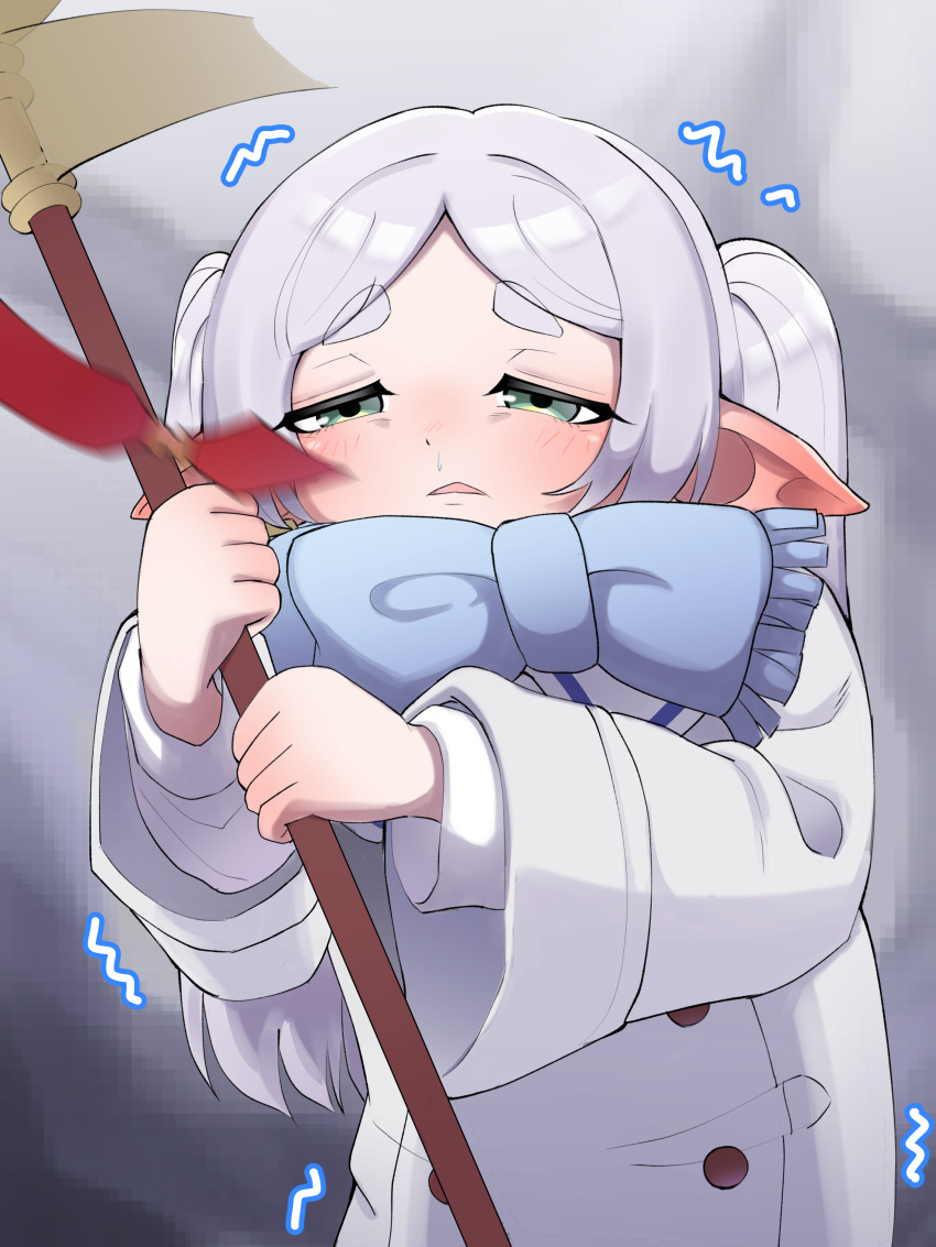 1girl absurdres blue_scarf blush coat commentary_request ear_blush elf frieren green_eyes highres holding holding_staff korean_commentary long_hair long_sleeves mu95611 open_mouth parted_bangs pointy_ears scarf sleepy solo sousou_no_frieren staff triangle_mouth twintails white_coat white_hair winter_clothes winter_coat