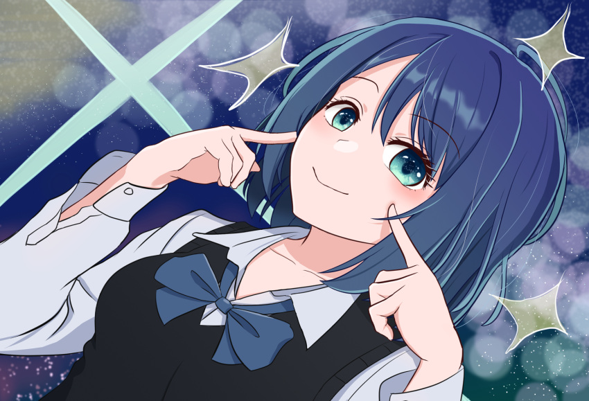 1girl aqua_eyes black_sweater_vest blue_bow blue_hair bow chiu538 closed_mouth collared_shirt commentary_request dutch_angle eyelashes fingers_to_cheeks hair_between_eyes hands_up highres korean_commentary kurokawa_akane long_sleeves looking_at_viewer medium_hair oshi_no_ko shirt simple_background smile sparkle sweater_vest upper_body variant_set white_shirt