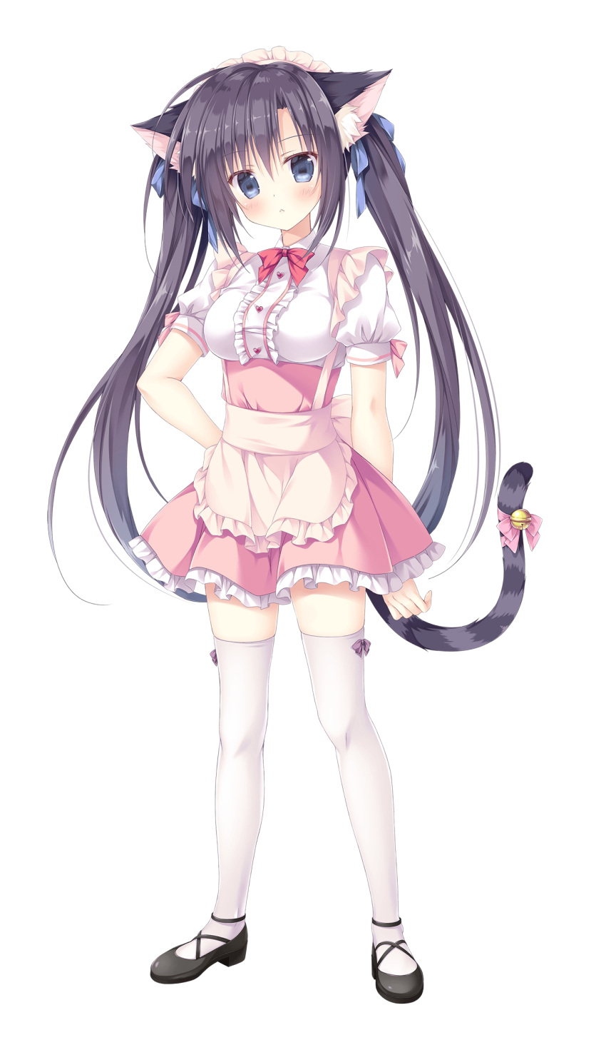1girl absurdres amairo_chocolata animal_ear_fluff animal_ears apron bell black_footwear black_hair blue_eyes blush cat_ears cat_girl cat_tail dress full_body highres korie_riko long_hair looking_at_viewer maiba_nana maid maid_headdress non-web_source official_art photoshop_(medium) pink_apron short_dress short_sleeves simple_background solo standing tail tail_bell tail_ornament thigh-highs twintails very_long_hair white_background white_thighhighs zettai_ryouiki