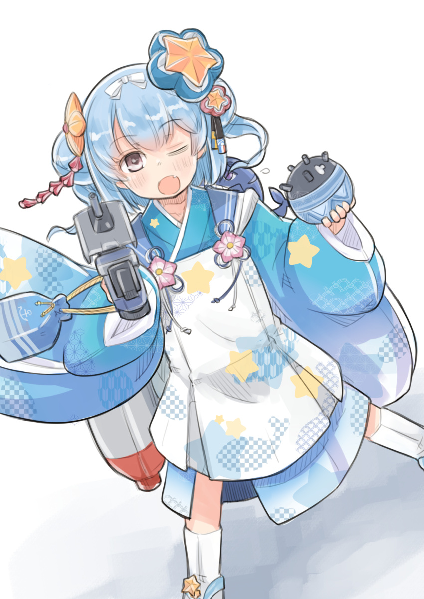 1girl adapted_turret animal_on_shoulder bag blue_eyes blue_hair blue_kimono cannon double_bun dutch_angle enjaku_izuku explosive feet_out_of_frame gun hair_bun highres japanese_clothes kimono little_blue_whale_(kancolle) mine_(weapon) naval_mine official_alternate_costume one_eye_closed samuel_b._roberts_(kancolle) samuel_b._roberts_mk_ii_(kancolle) satchel simple_background solo star_(symbol) star_print turret twintails weapon white_background