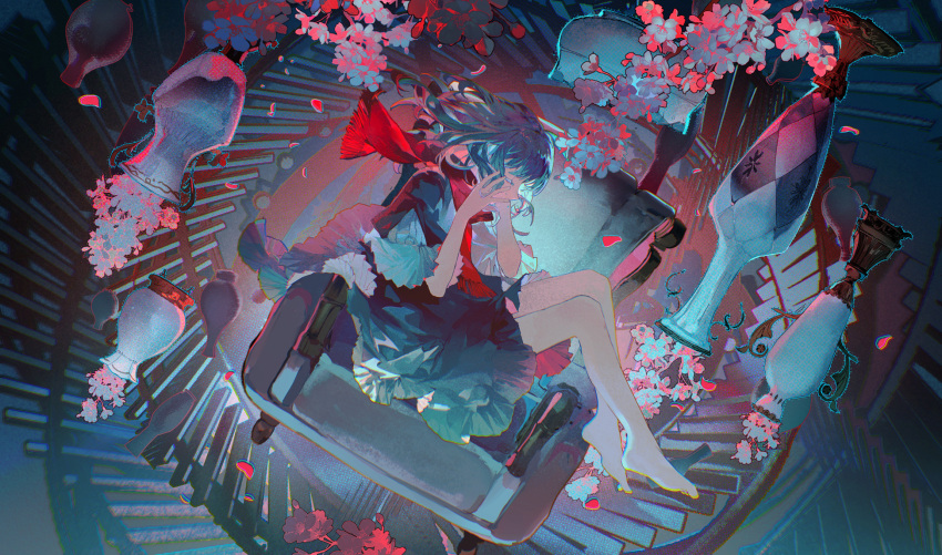 1girl abstract_background bare_legs barefoot blue_background blue_dress blue_hair chair chinese_commentary closed_eyes commentary_request dress floating flower full_body hands_up highres holding_head lobelia_(saclia) original red_flower red_scarf scarf short_hair solo stairs vase