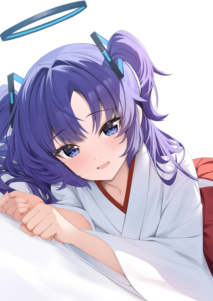 1girl absurdres alternate_costume blue_archive blue_eyes blush commentary_request hakama halo highres japanese_clothes kosode looking_at_viewer lying miko on_side purple_hair red_hakama rei_(ilust9999) simple_background smile solo two_side_up white_background yuuka_(blue_archive)