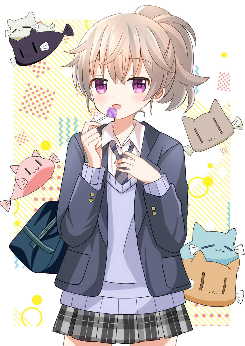 absurdres candy character_request cowboy_shot food hand_on_own_chest highres holding holding_candy holding_food holding_lollipop light_brown_hair lollipop open_mouth ponytail ryoutan school_uniform skirt slow_loop violet_eyes