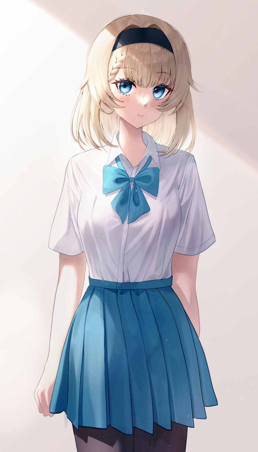 1girl 29hyeon absurdres bad_foundation_id bad_id black_hairband black_pantyhose blonde_hair blue_bow blue_bowtie blue_eyes blue_skirt blush bow bowtie braid breasts closed_mouth collared_shirt cowboy_shot hairband highres looking_at_viewer medium_breasts medium_hair original pantyhose pleated_skirt shirt shirt_tucked_in short_sleeves side_braid skirt solo sunlight white_shirt yellow_background
