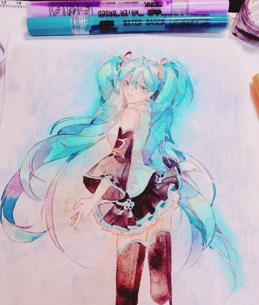 1girl art_tools_in_frame bare_shoulders black_skirt black_sleeves black_thighhighs blue_eyes blue_nails collared_shirt detached_sleeves eyelashes feet_out_of_frame frilled_skirt frills hair_ornament hatsune_miku highres long_hair long_sleeves looking_at_viewer marker_(medium) miniskirt nail_polish open_mouth photo_(medium) pleated_skirt shirt skirt sleeveless sleeveless_shirt smile solo thigh-highs traditional_media twintails very_long_hair vocaloid white_shirt wide_sleeves yanmian_(printemps-noir)