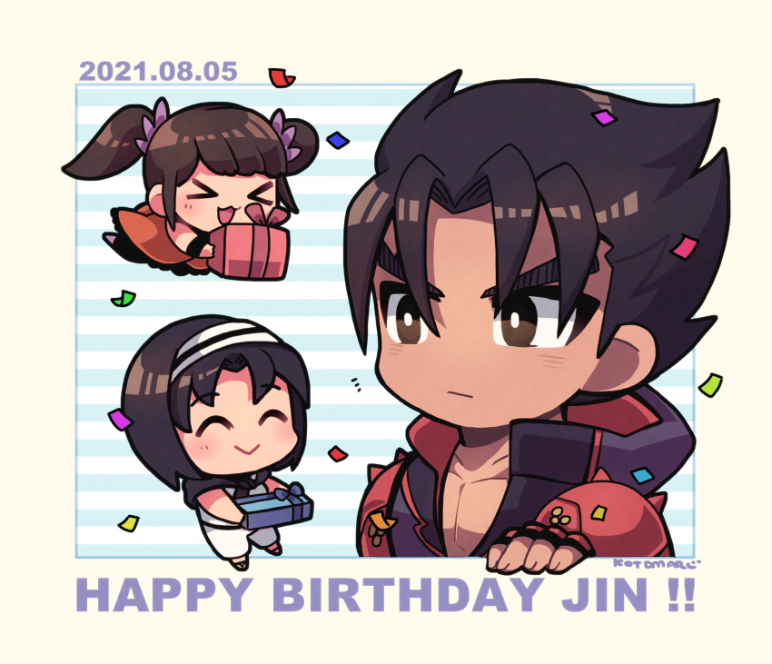 &gt;_&lt; 1boy 2girls :&gt; :3 black_eyes black_hair black_jacket black_wristband border bright_pupils character_name closed_mouth collarbone confetti dated english_text fingerless_gloves fingernails gift gloves hairband happy_birthday highres holding holding_gift jacket kazama_jin kazama_jun kotorai ling_xiaoyu multiple_girls open_mouth pectoral_cleavage pectorals red_gloves signature tekken twintails white_border white_hairband white_pupils