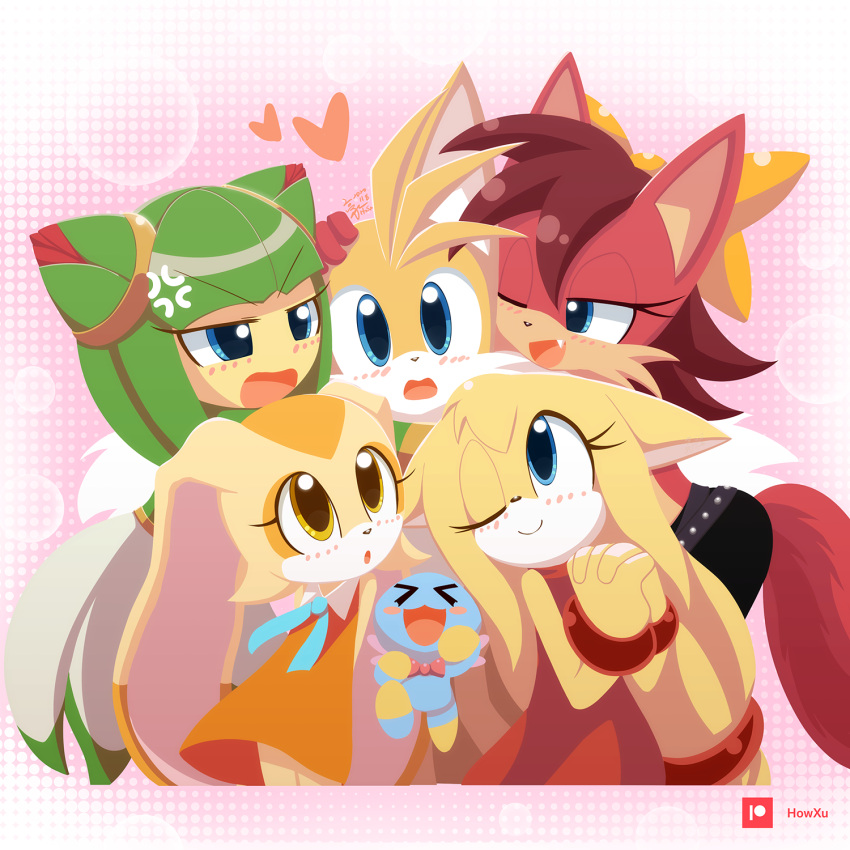 1girl 4girls anger_vein artist_name blush bow bowtie bracelet brown_hair chao_(sonic) cheese_(sonic) commentary cosmo_(sonic) cream_the_rabbit fang fiona_fox fox_boy fox_girl hair_bow highres howxu jewelry midriff multiple_girls one_eye_closed simple_background sleeveless sonic_(series) sonic_the_hedgehog_(archie_comics) sonic_x tails_(sonic) zooey_(sonic)