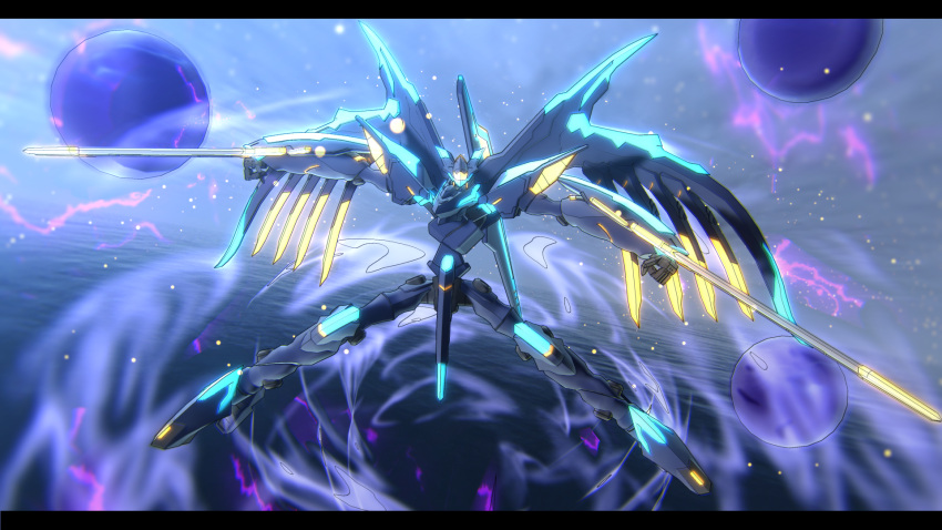 arm_blade artist_request crystal energy_ball floating flying glowing highres horns jimmy2010 mark_alles mecha no_humans robot sky solo soukyuu_no_fafner sword water weapon wings