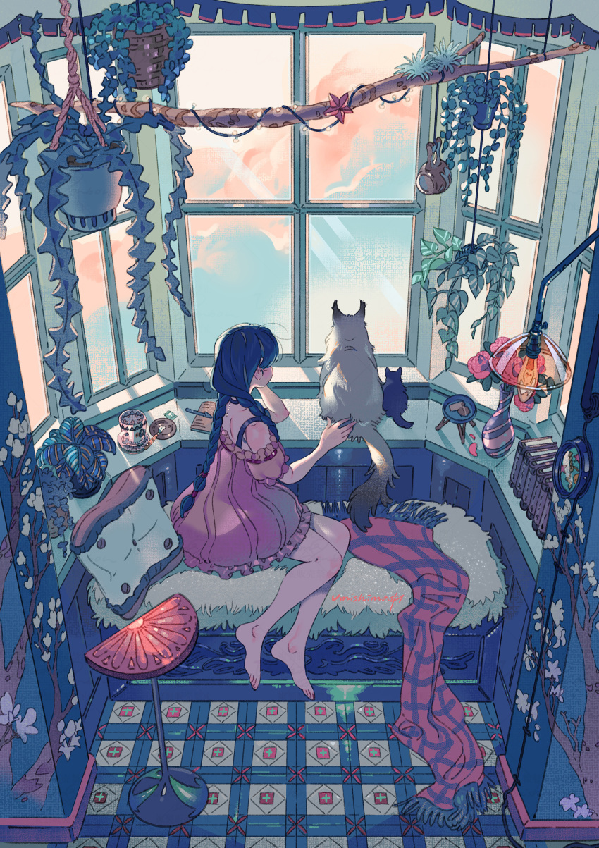 1girl absurdres animal bare_shoulders barefoot black_hair blanket book braid branch cat commentary couch cup cushion day dress facing_away frilled_dress frills from_above hanging_plant highres indoors ivy lamp leaf long_hair mug original pink_dress plant potted_plant scenery signature sitting solo twin_braids umishima_senbon vase wallpaper_(object) wide_shot window windowsill yokozuwari