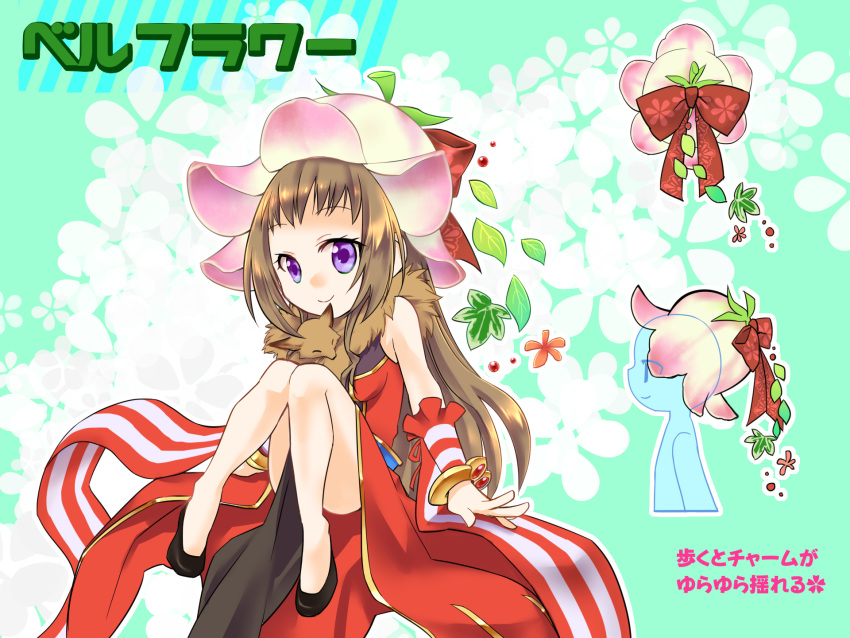 1girl animal_around_neck artist_request bangle black_footwear bow bracelet breasts brown_hair closed_mouth commentary_request detached_sleeves dress flower_hat fox full_body hat hat_bow highres jewelry leaf long_hair looking_at_viewer medium_breasts multiple_views pelvic_curtain pink_headwear professor_(ragnarok_online) ragnarok_online red_bow red_dress red_sleeves shoes short_bangs sleeveless sleeveless_dress smile striped_sleeves violet_eyes white_sleeves