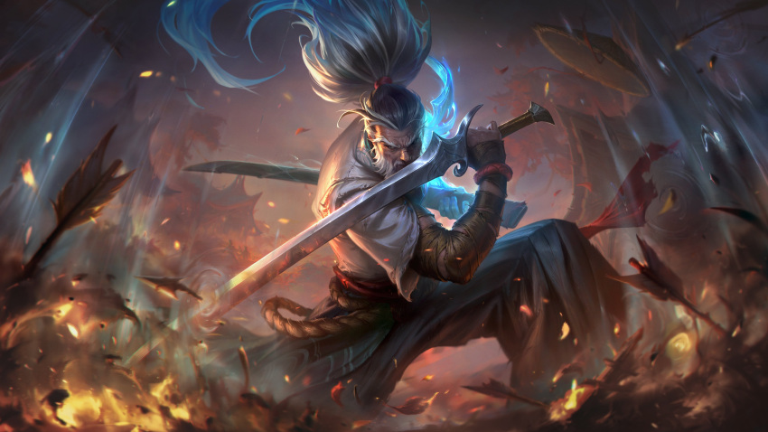 1boy absurdres bandaged_arm bandages beard bow_(weapon) clouds facial_hair fire highres holding holding_sword holding_weapon incoming_attack league_of_legends long_hair looking_to_the_side male_focus mustache night official_alternate_costume official_art ponytail serious solo sword v-shaped_eyebrows weapon white_hair wind yasuo_(league_of_legends)