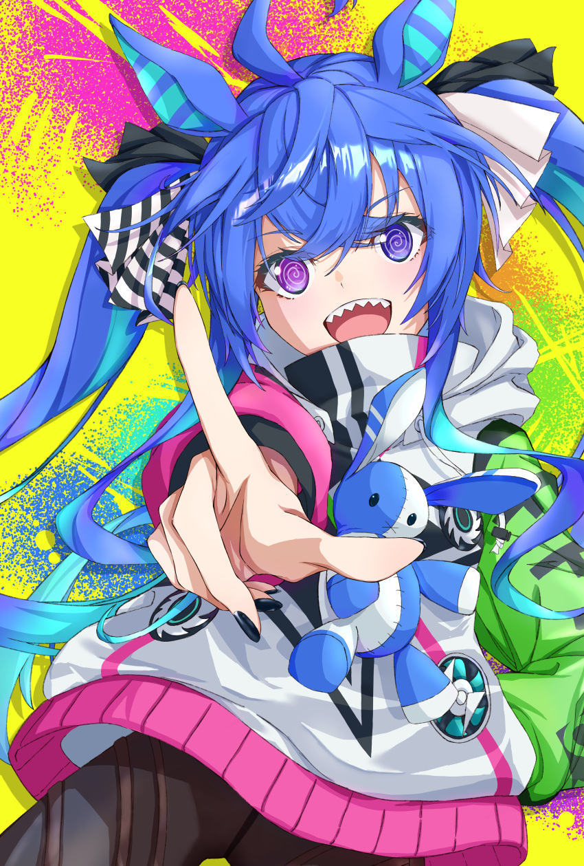 1girl :d @_@ absurdres ahoge animal_ears aqua_hair black_leggings black_nails blue_eyes blue_hair bow commentary cowboy_shot crossed_bangs drawstring hair_bow hand_on_own_hip heterochromia highres hood hoodie horse_ears horse_girl index_finger_raised leggings long_hair long_sleeves looking_at_viewer multicolored_background multicolored_clothes multicolored_hair multicolored_hoodie nail_polish open_mouth outstretched_arm sharp_teeth sidelocks smile solo striped striped_bow stuffed_animal stuffed_rabbit stuffed_toy teeth twin_turbo_(umamusume) twintails two-tone_hair umamusume upper_teeth_only vic_1223 violet_eyes yellow_background