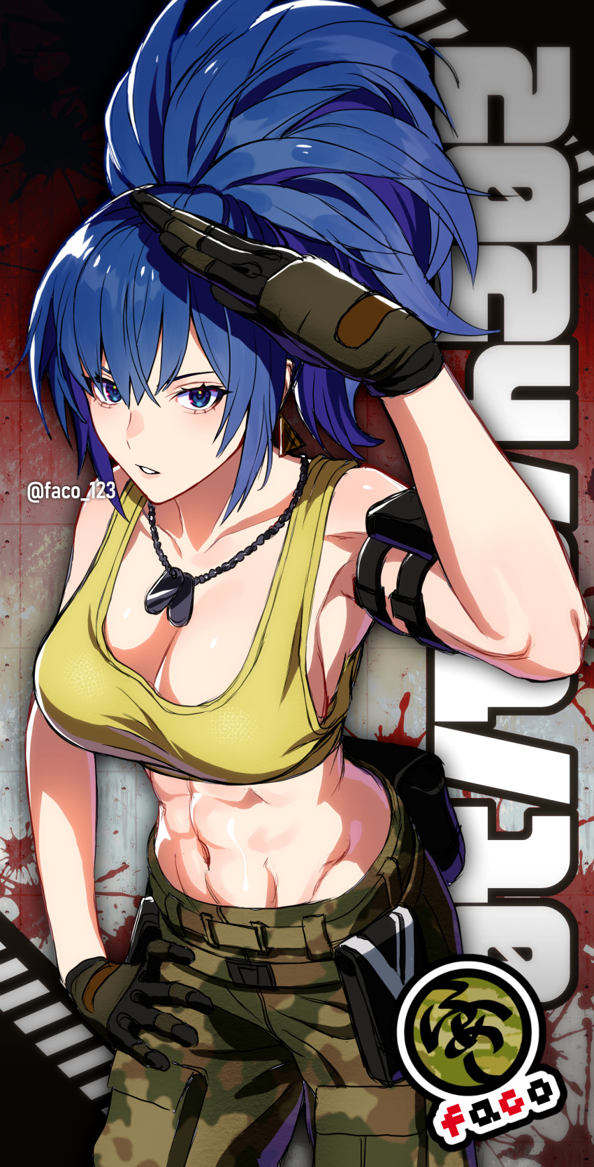 1girl abs absurdres arm_pouch artist_name blue_eyes blue_hair camouflage camouflage_pants cargo_pants crop_top dog_tags earrings faco gloves highres jewelry leona_heidern muscular muscular_female navel pants ponytail salute snk soldier solo tank_top the_king_of_fighters the_king_of_fighters_xv triangle_earrings twitter_username yellow_tank_top