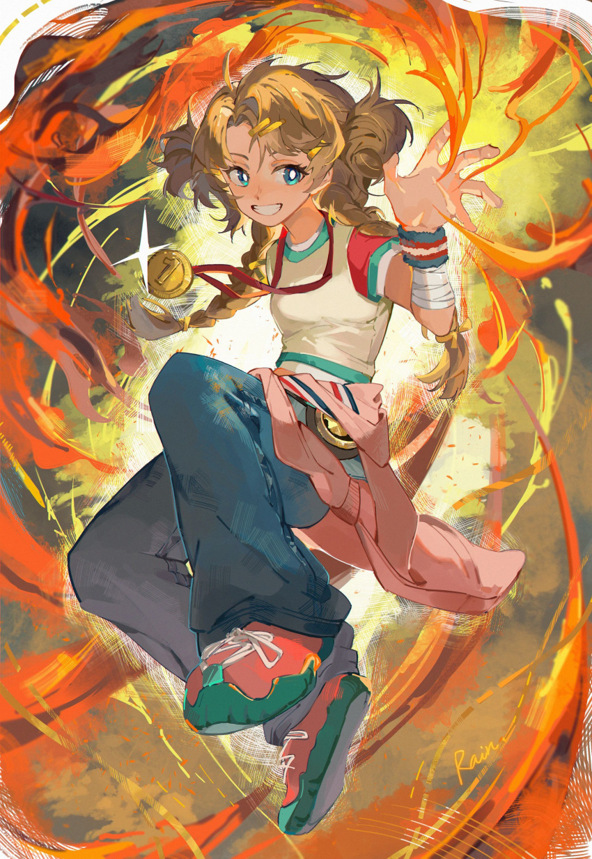 1girl absurdres bandaged_arm bandages blue_eyes blue_pants blue_wristband braid bright_pupils brown_hair championship_belt clothes_around_waist denim double_bun fire full_body grin hair_bun hair_ornament hairclip hand_up highres jumping long_hair low_twin_braids medal open_hand pants pink_footwear pyrokinesis reverse:1999 shirt shoes smile sneakers solo spathodea_(reverse:1999) t-shirt teeth twin_braids white_pupils white_shirt xiao_lu