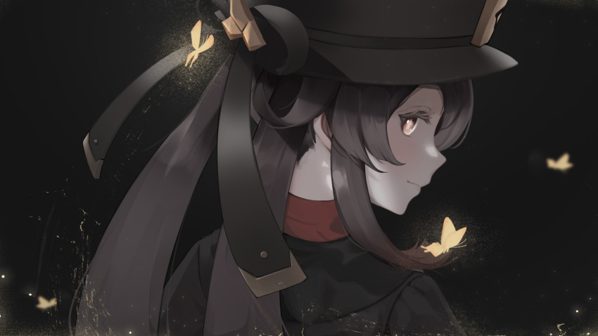 1girl black_headwear brown_eyes brown_hair bug butterfly chinese_clothes closed_mouth flower-shaped_pupils from_behind genshin_impact glowing_butterfly highres hu_tao_(genshin_impact) long_hair profile smile solo symbol-shaped_pupils zxoy