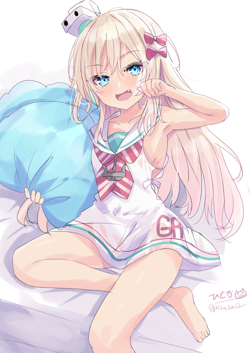 1girl absurdres barefoot bed blonde_hair bow dress fang grecale_(kancolle) green_eyes hair_ornament hairclip highres hizaka kantai_collection long_hair looking_at_viewer low-cut_armhole neckerchief one-hour_drawing_challenge pillow pink_bow sailor_collar sailor_dress side-tie_dress simple_background sleeveless sleeveless_dress smile solo striped_neckerchief tilted_headwear wavy_hair white_background white_dress white_sailor_collar