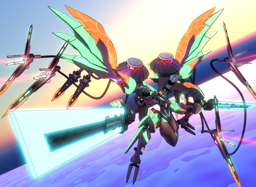 absurdres assault_visor claws clouds crystal floating flying glowing highres horns mark_nicht mecha mechanical_tentacles no_humans robot science_fiction solo soukyuu_no_fafner sunrise weapon wings zuzaku_(otuzaka)