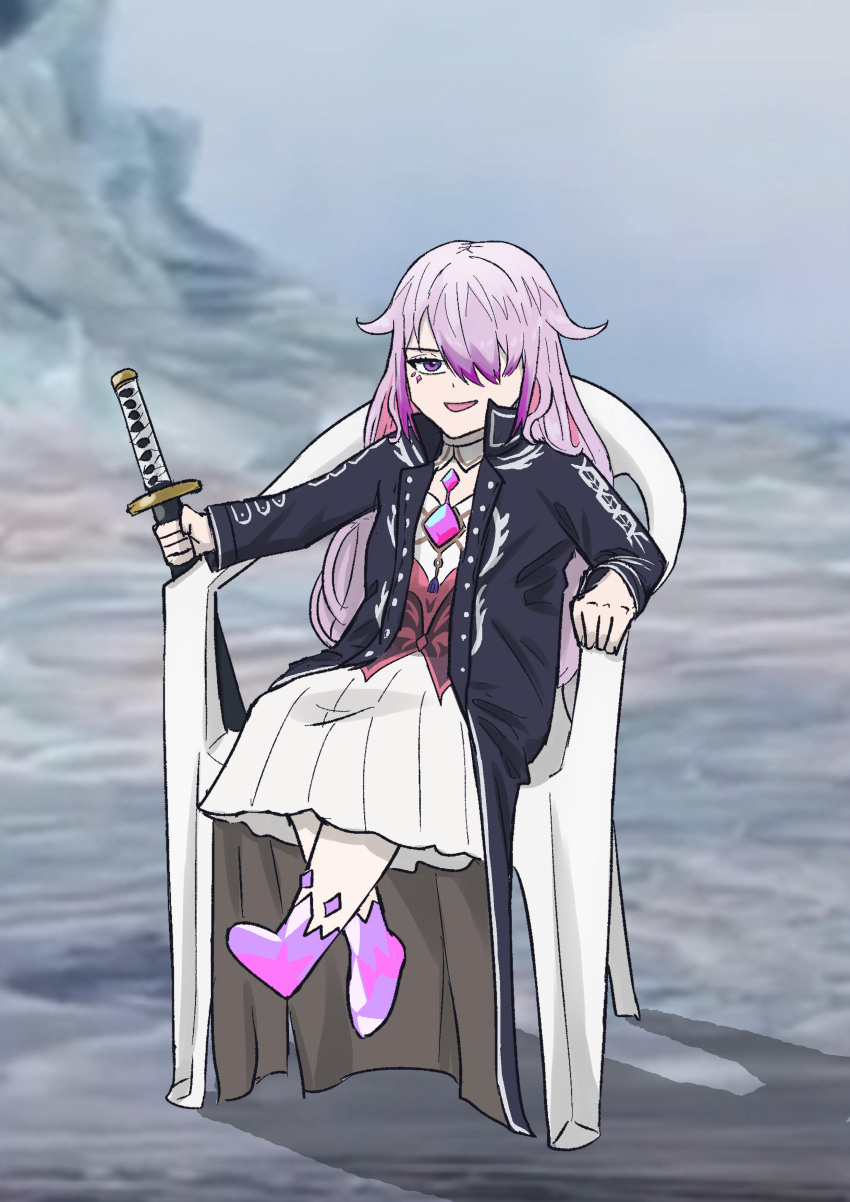1girl absurdres alternate_costume black_jacket chair chest_jewel commentary devil_may_cry_(series) devil_may_cry_5 dunkemz english_commentary full_body gem gradient_hair grey_hair hair_over_one_eye highres holding holding_sword holding_weapon hololive hololive_english jacket koseki_bijou long_hair long_sleeves looking_at_viewer meme monobloc_(chair) multicolored_hair one_eye_covered open_mouth pink_hair purple_gemstone purple_hair sitting skirt smile solo sword vergil's_chair_(meme) very_long_hair violet_eyes virtual_youtuber weapon white_skirt