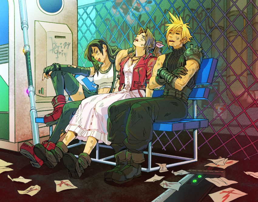1boy 2girls aerith_gainsborough bench black_hair black_thighhighs blonde_hair boots bri_(brigriv) brown_hair buster_sword cloud_strife crop_top cropped_jacket dirty dress exhausted fence final_fantasy final_fantasy_vii final_fantasy_vii_remake head_back jacket mage_staff materia multiple_girls pink_dress red_jacket sitting sleeveless sleeveless_turtleneck suspenders sweat thigh-highs tifa_lockhart tongue tongue_out turtleneck