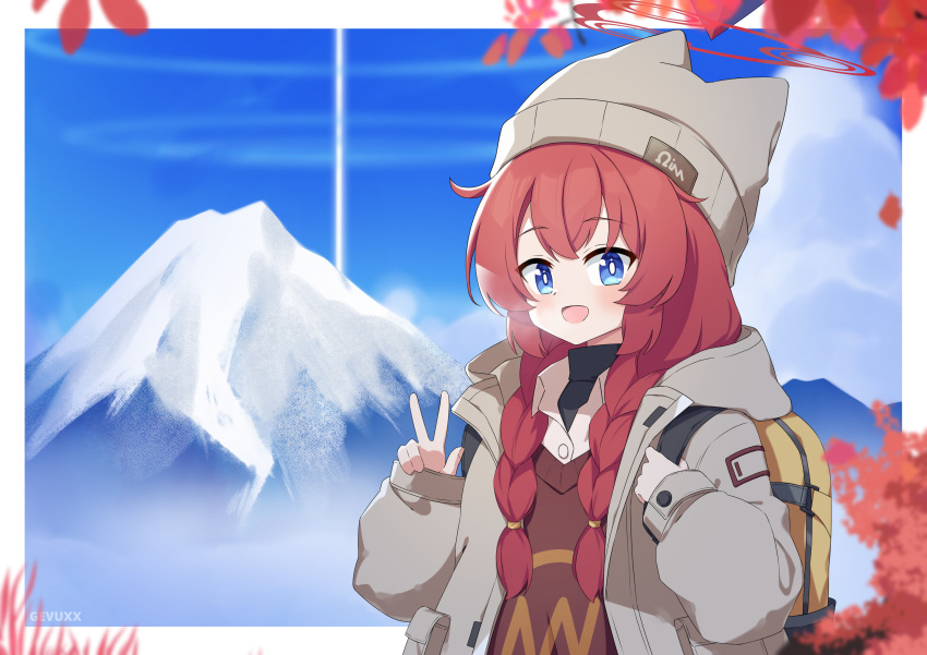 1girl absurdres animal_ear_headwear artist_name backpack bag beanie blue_archive blue_eyes border braid brown_headwear brown_jacket brown_vest collared_shirt commentary gevuxx halo hat highres jacket long_hair long_sleeves looking_at_viewer maki_(blue_archive) maki_(camp)_(blue_archive) mountain official_alternate_costume official_alternate_hairstyle open_clothes open_jacket open_mouth outdoors redhead shirt solo twin_braids upper_body vest w white_border white_shirt yellow_bag