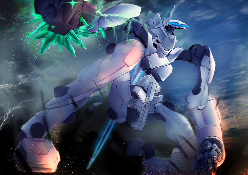 absurdres assault_visor clouds crystal highres holding holding_sword holding_weapon mark_sein mecha mecha_focus no_humans robot science_fiction sky solo soukyuu_no_fafner sword user_pttv7442 weapon