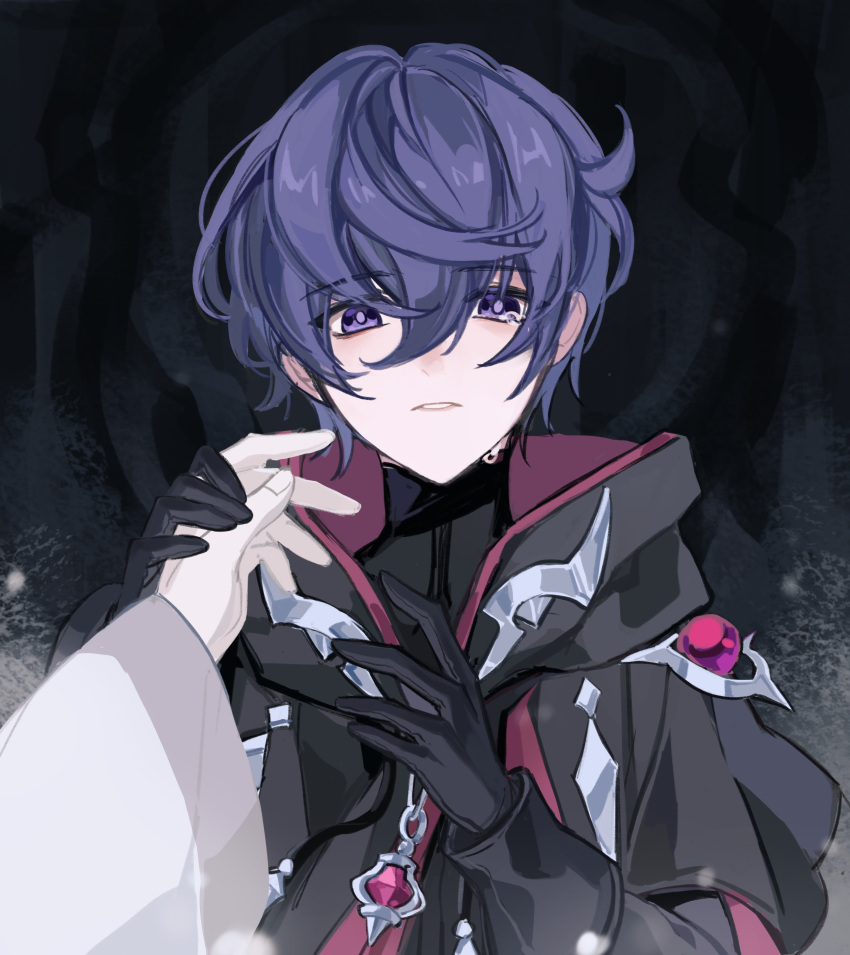 1boy absurdres black_gloves black_jacket black_shirt character_request crying ebf7l elsword gloves highres hood hood_down jacket long_sleeves looking_at_viewer parted_lips pov pov_hands purple_hair shirt solo tears upper_body violet_eyes