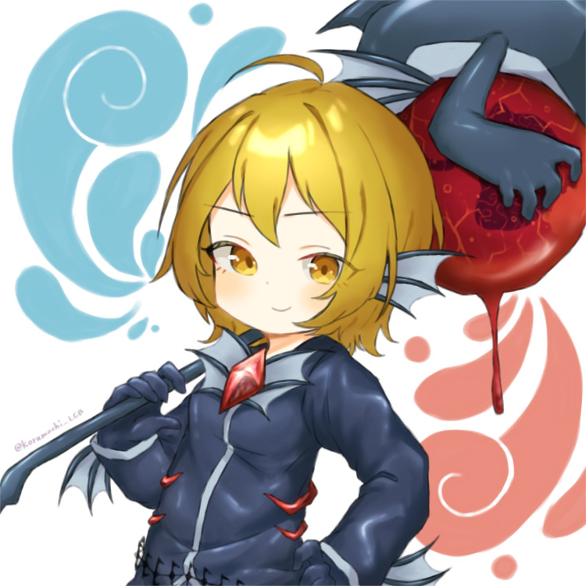 1girl blonde_hair blood blue_jacket blush brooch closed_mouth don_quixote_(project_moon) e.g.o_(project_moon) fins gem hammer hand_up head_fins headless_ichthys highres holding holding_hammer jacket jewelry korumochi limbus_company long_sleeves looking_at_viewer project_moon red_gemstone short_hair simple_background smile solo upper_body white_background yellow_eyes