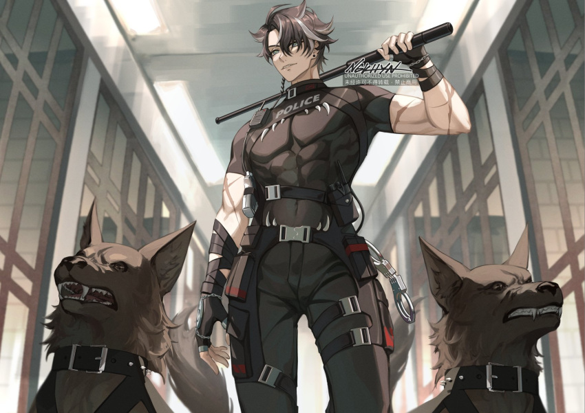 abs alternate_costume animal black_dog black_gloves black_hair black_pants black_shirt chinese_text cuffs dog earrings english_commentary english_text genshin_impact gloves hair_between_eyes handcuffs highres holding holding_weapon jewelry male_focus ngkhyn open_hand pants police prison prison_cell scar scar_on_arm shirt short_hair standing weapon wriothesley_(genshin_impact)