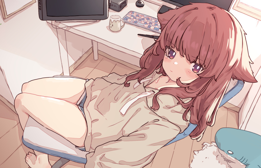 1girl animal_ears aoi_tori bare_legs barefoot blush_stickers brown_hair brown_hoodie closed_mouth coffee_mug collarbone commentary_request cup drawstring feet full_body highres hood hoodie ikea_shark indoors keyboard_(computer) long_hair long_sleeves looking_at_viewer mug original pen pout rug shorts sitting solo stuffed_animal stuffed_shark stuffed_toy table wooden_floor