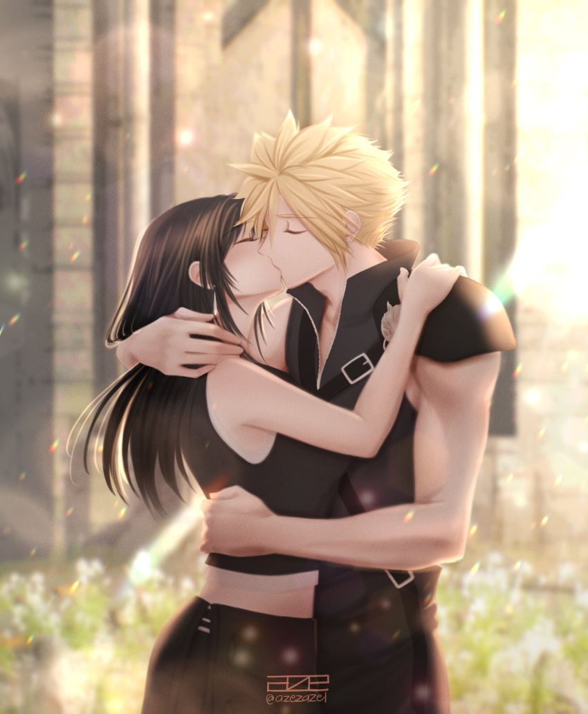1boy 1girl absurdres apron azezazel bare_arms bare_shoulders black_apron black_hair black_shorts black_vest blonde_hair blurry blurry_background breasts church closed_eyes cloud_strife couple crop_top earrings field final_fantasy final_fantasy_vii final_fantasy_vii_advent_children flower flower_field hand_on_another's_shoulder hetero highres hug indoors jewelry kiss large_breasts light_blush light_particles light_rays long_hair midriff popped_collar profile shirt short_hair shorts single_bare_shoulder single_shoulder_pad sleeveless sleeveless_shirt spiky_hair stud_earrings tank_top tifa_lockhart twitter_username upper_body vest waist_apron white_tank_top zipper