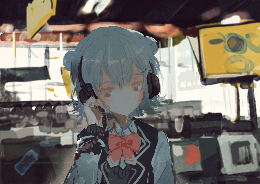 1girl audio_cable black_jacket blazer blurry blurry_background blush bow bowtie cevio closed_mouth commentary_request double_bun flipped_hair grey_hair hair_bun hair_ornament hairclip hand_on_headphones hand_up headphones highres indoors jacket kabuyama_kaigi koharu_rikka listening_to_music looking_at_viewer multicolored_clothes multicolored_jacket open_clothes open_jacket pink_bow pink_bowtie record_store shop short_hair solo synthesizer_v two-tone_jacket upper_body violet_eyes white_jacket