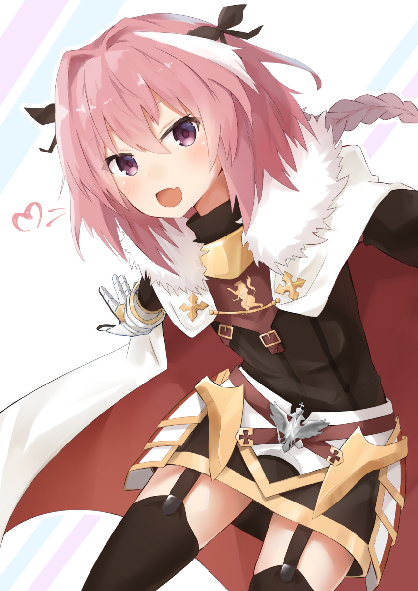 1boy astolfo_(fate) black_bow black_thighhighs blush bow braid cape cloak cube_(cube00) fang fate/apocrypha fate/grand_order fate_(series) fur-trimmed_cape fur_trim garter_straps gauntlets hair_bow hair_intakes heart highres long_hair looking_at_viewer male_focus multicolored_hair open_mouth otoko_no_ko pink_hair ribbon single_braid skirt smile solo streaked_hair thigh-highs two-sided_cape two-sided_fabric violet_eyes white_cape white_hair