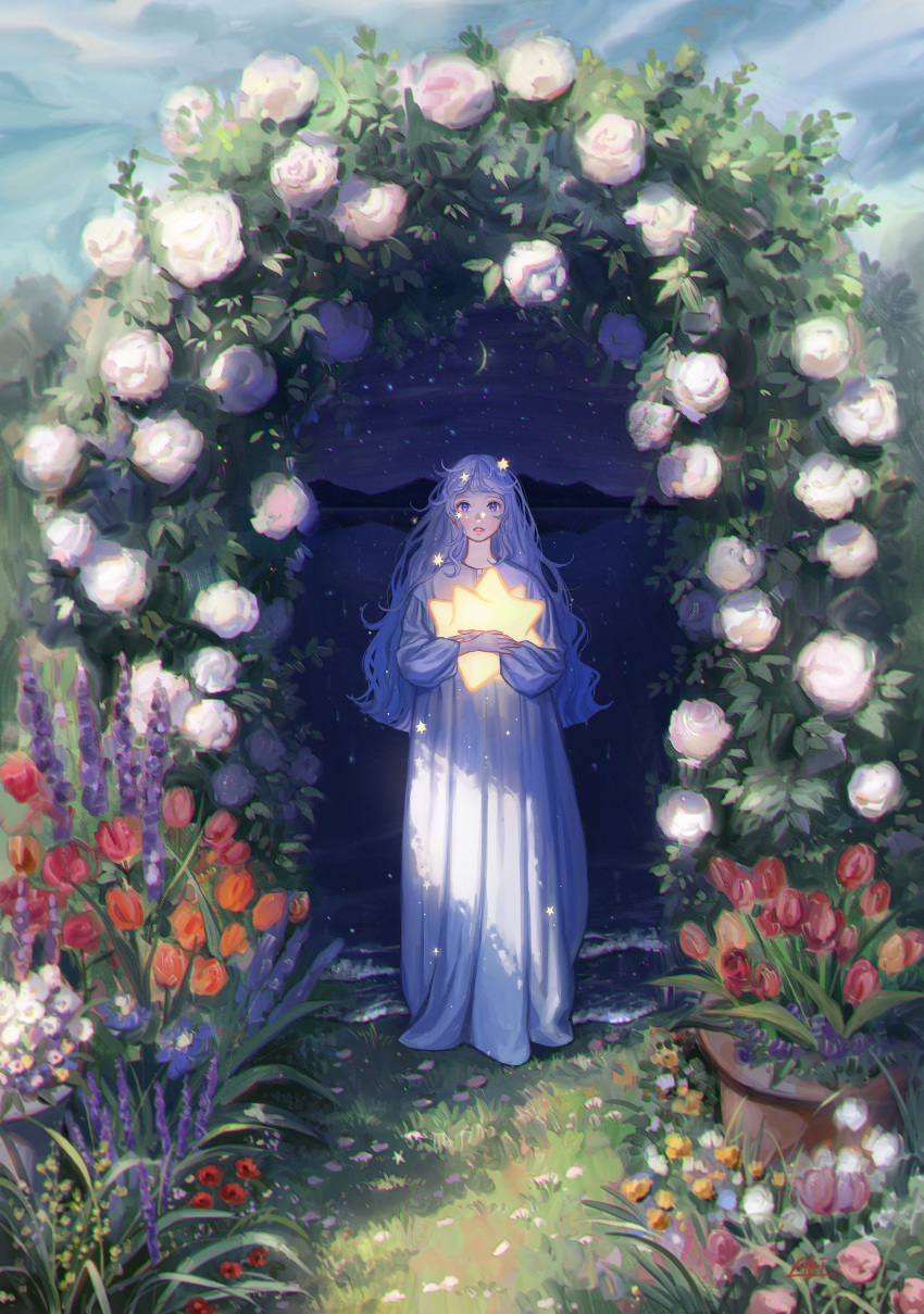 1girl absurdres aki_a0623 artist_name blue_eyes blue_hair blue_sky blurry clouds commentary_request crescent_moon crossed_arms day depth_of_field dress flower flower_pot full_body gown grass highres leaf long_hair long_sleeves moon mountainous_horizon night night_sky nightgown orange_flower original outdoors parted_lips petals pink_flower plant portal_(object) potted_plant purple_flower red_flower rose scenery shore sky solo standing star_(sky) star_(symbol) starry_sky straight-on water white_dress white_flower white_rose yellow_flower