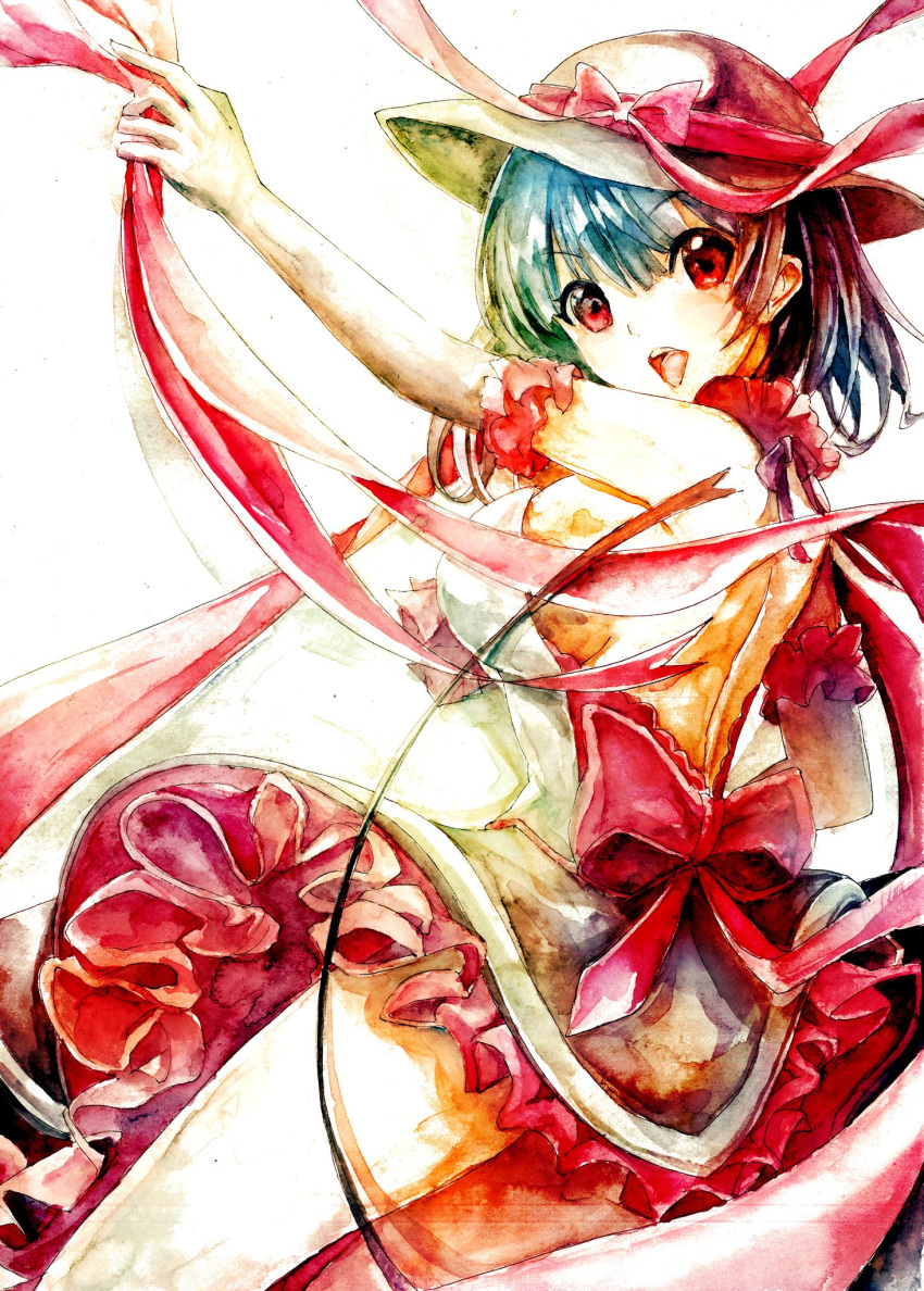 1girl black_headwear bow commentary frilled_skirt frills highres kamu_kotan looking_at_viewer nagae_iku open_mouth red_bow red_eyes shawl short_hair short_sleeves simple_background skirt solo touhou traditional_media white_background