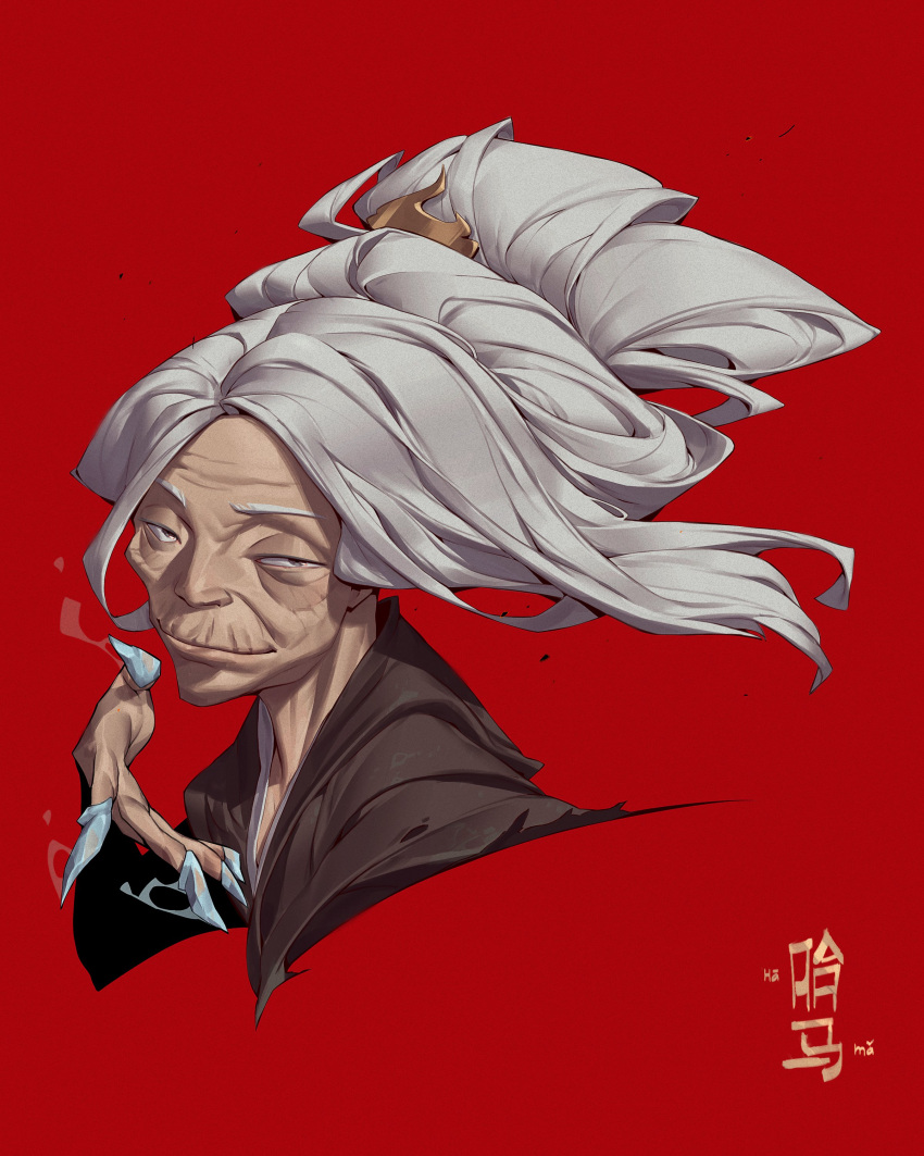1girl absurdres asian avatar:_the_last_airbender avatar_legends cropped_shoulders cryokinesis evil_smile fighting_stance grey_hair half-closed_eyes hama_(avatar) hand_up highres long_hair looking_at_viewer old old_woman open_hand patrick_ganas red_background smile smug solo wrinkled_skin