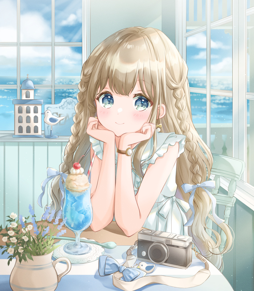 1girl blonde_hair blue_eyes blue_sky braid camera cherry closed_mouth clouds commentary earrings elbows_on_table flower food fruit hair_ribbon hands_on_own_face highres hoshiibara_mato ice_cream ice_cream_float indoors jewelry lavender_(flower) long_hair looking_at_viewer ocean original ribbon sky smile solo spoon watch watch white_flower window