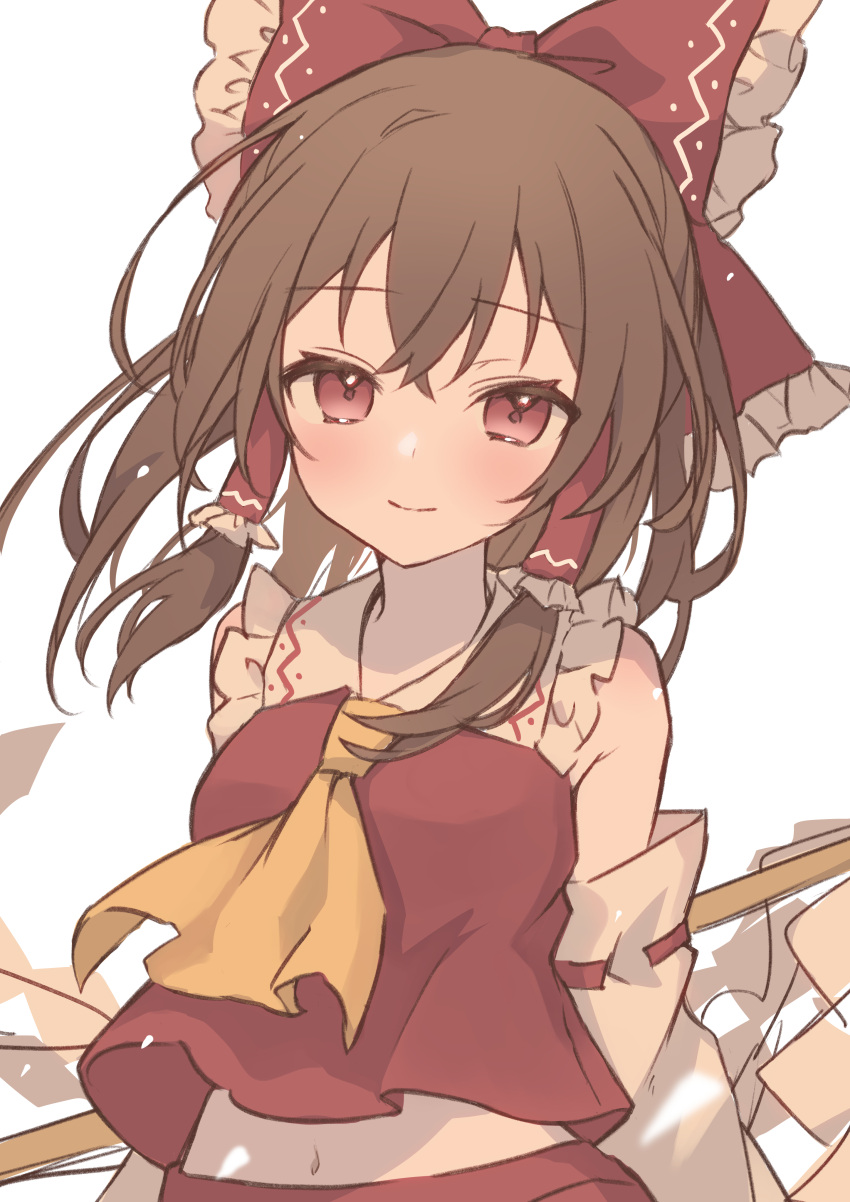 1girl absurdres ahase_hino armpit_crease ascot blush bow brown_hair closed_mouth collared_shirt crop_top crossed_bangs detached_sleeves frilled_bow frilled_hair_tubes frilled_shirt_collar frills gohei hair_bow hair_tubes hakurei_reimu highres looking_at_viewer medium_hair midriff navel nontraditional_miko red_bow red_eyes red_shirt red_skirt shirt sidelocks simple_background skirt smile solo touhou upper_body white_background yellow_ascot