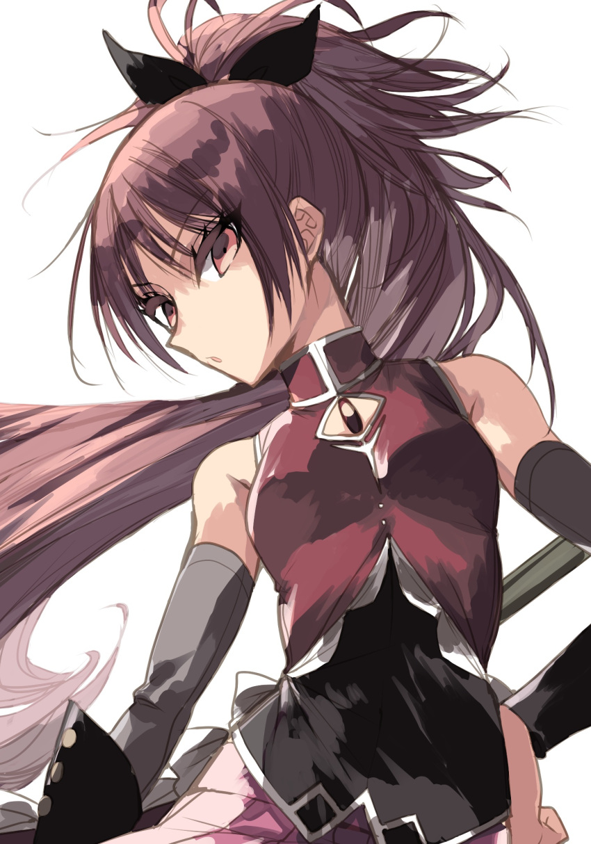 1girl bare_shoulders black_ribbon breasts collared_vest dress elbow_gloves gloves grey_gloves hair_ribbon highres holding holding_polearm holding_weapon looking_at_viewer magical_girl mahou_shoujo_madoka_magica mahou_shoujo_madoka_magica_(anime) misteor parted_bangs pink_gloves polearm ponytail red_dress red_eyes red_vest redhead ribbon sakura_kyoko sidelocks simple_background small_breasts soul_gem tsurime vest weapon