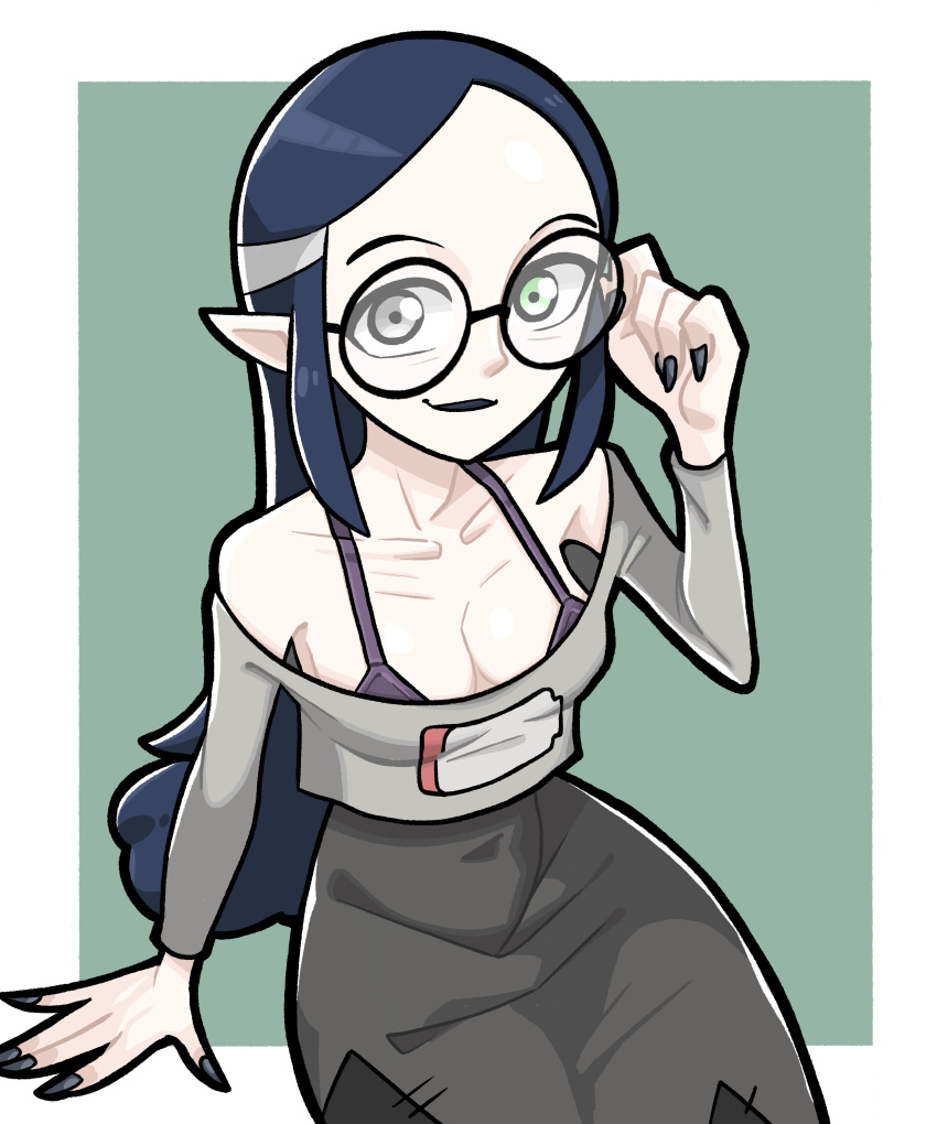 1girl absurdres adjusting_eyewear blue_hair bra_strap breasts dress glasses grey_hair hand_on_eyewear heterochromia highres lilith_clawthorne lips long_hair looking_at_viewer n_k_m nail_polish off_shoulder pointy_ears shirt simple_background sitting smile solo stitches the_owl_house