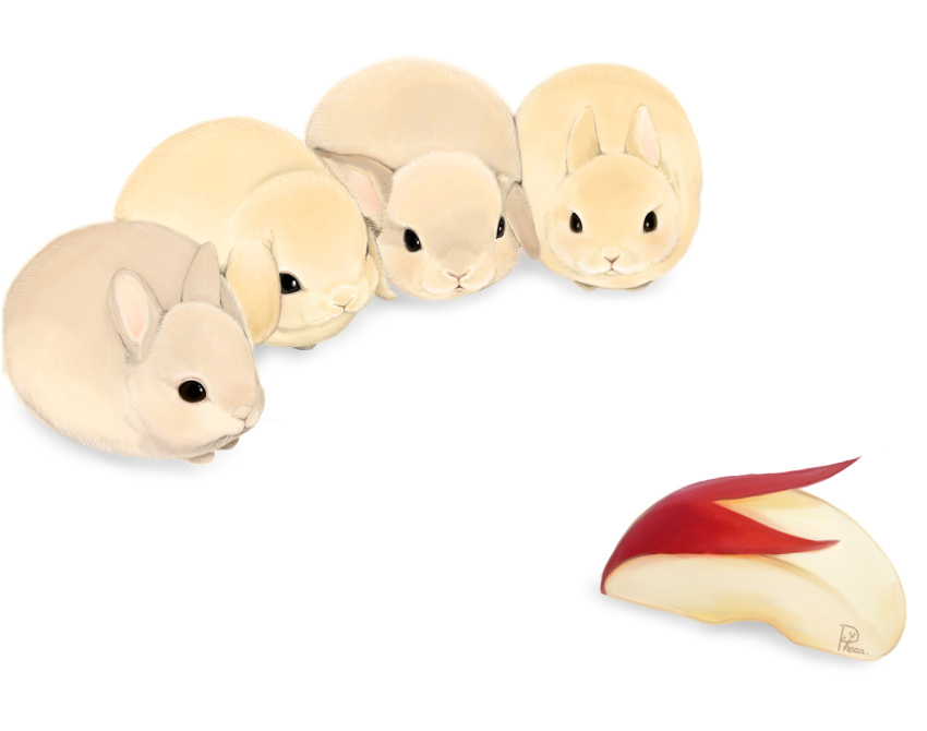 animal_focus apple apple_rabbit apple_slice commentary_request floppy_ears food food_art fruit full_body name_connection no_humans original phoca rabbit signature simple_background sitting white_background