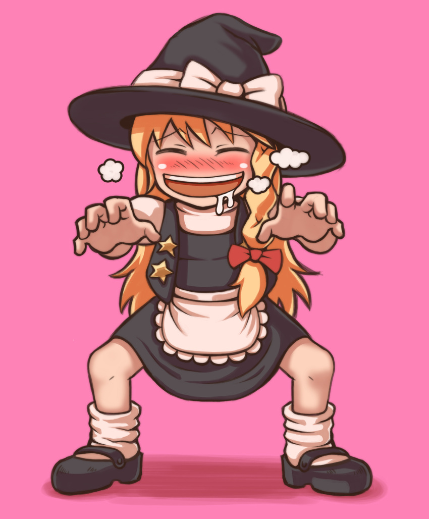 1girl apron black_footwear black_headwear black_skirt black_vest blonde_hair blush bow braid closed_eyes commentary_request cookie_(touhou) drooling full_body hair_bow hat hat_bow highres kirisame_marisa long_hair looking_at_viewer mary_janes nose_blush open_mouth pink_background reaching reaching_towards_viewer red_bow shoes side_braid simple_background single_braid skirt skirt_set smile socks solo standing star_(symbol) suzu_(cookie) teeth touhou tsukuru_hajime upper_teeth_only vest waist_apron white_bow white_socks witch_hat