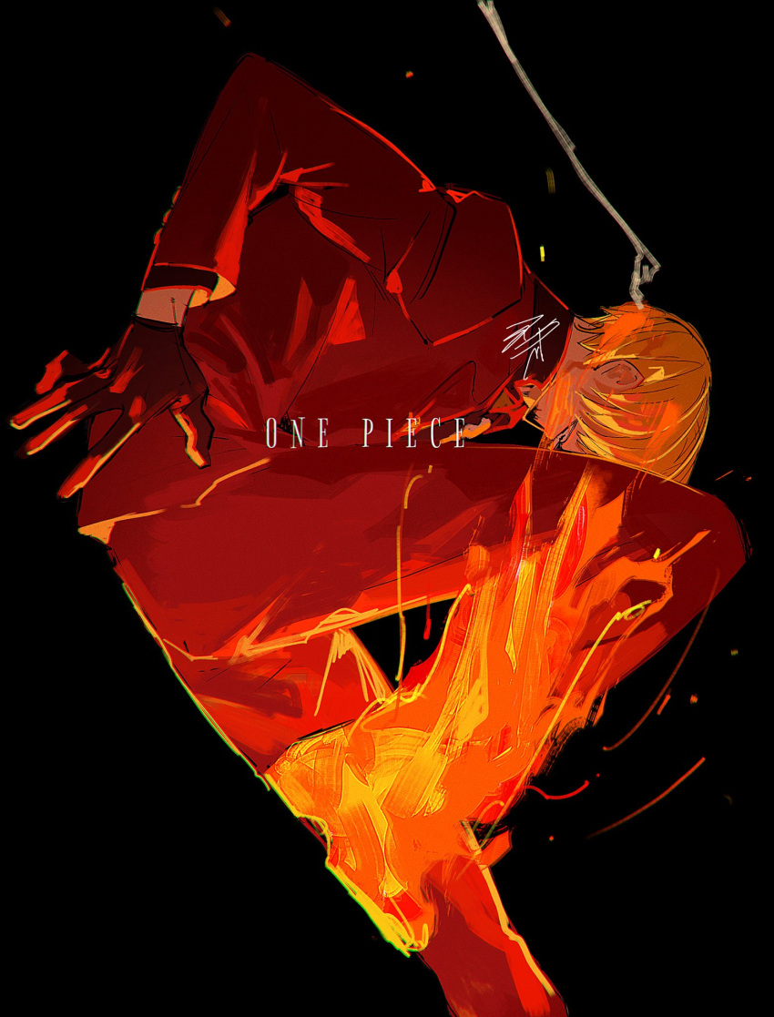 1boy azisaiharumaki56 blonde_hair cigarette facial_hair fire hair_over_one_eye highres male_focus one_piece pants red_suit sanji_(one_piece) smoking suit