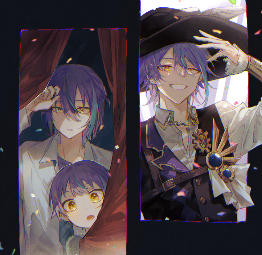 3boys aged_down aqua_hair argyle argyle_vest arm_up behind_curtains black_border blue_gemstone border buttons child collar_chain_(jewelry) collared_shirt curtains expressionless frilled_sleeves frills gem hair_between_eyes hat hat_feather highres kamishiro_rui lapels long_sleeves looking_at_viewer multicolored_hair multiple_boys multiple_persona open_clothes open_collar open_mouth open_shirt outside_border parted_lips project_sekai purple_hair purple_shirt shirt smile sseri_0 streaked_hair t-shirt two-tone_hair upper_body waistcoat white_shirt yellow_eyes