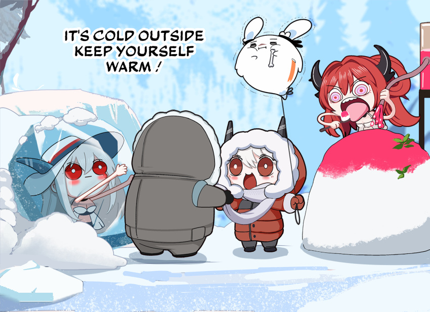 1other 4girls :d ambiguous_gender arknights blush bright_pupils chibi coat crazy_eyes doctor_(arknights) english_text frostnova_(arknights) frozen ghost hood hood_up hooded_coat horns ice kinohara_kossuta mudrock_(arknights) multiple_girls open_mouth outdoors pink_eyes red_eyes redhead scarf skadi_(arknights) skadi_(waverider)_(arknights) smile snow surtr_(arknights) white_hair white_headwear white_pupils winter winter_clothes winter_coat