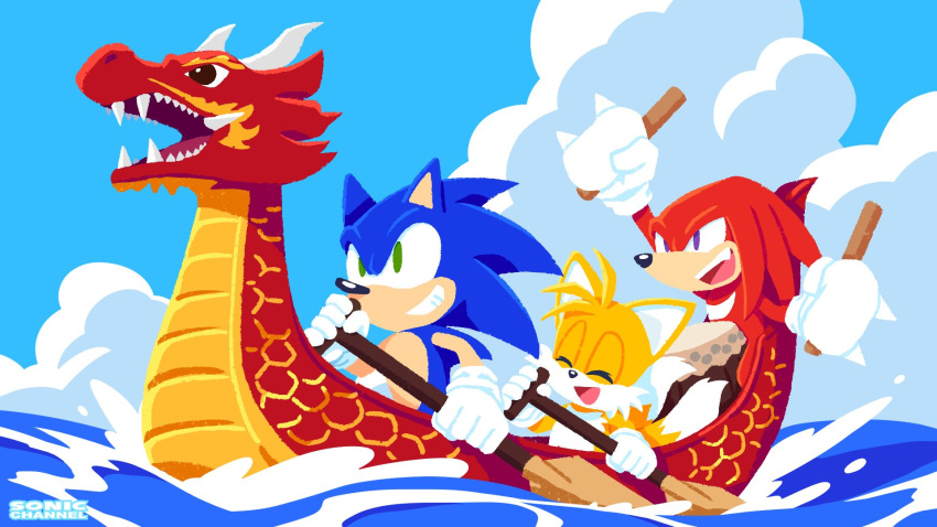 3boys animal_ears blue_sky boat commentary_request dragon_boat dragon_boat_festival drum fox_ears fox_tail furry furry_male gloves green_eyes highres holding holding_oar instrument knuckles_the_echidna male_focus multiple_boys oar ocean official_art open_mouth rowing sky smile sonic_(series) sonic_the_hedgehog tail tails_(sonic) uno_yuuji violet_eyes watercraft white_gloves